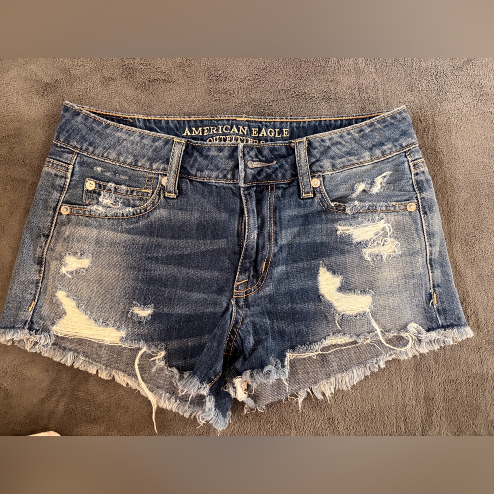 American Eagle Outfitters Women's Ripped Dark Blue Jean Shorts